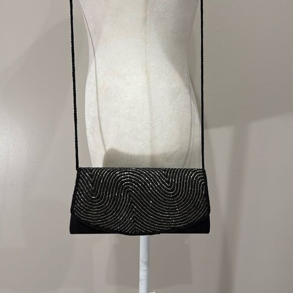 Kate Landry Beaded Black and Silver Convertible Clutch Purse - Picture 1 of 6